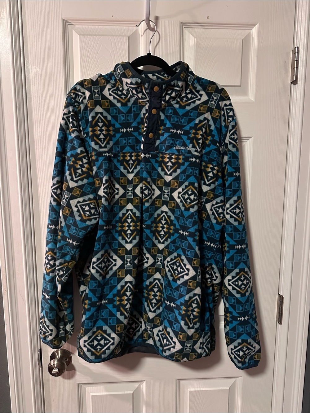 Eddie Bauer Teal and Navy Geometric Fleece Pullover